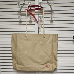 DKNY Red Delicious 100% New York Beige Canvas Tote Rope Handles Apple Print Int
